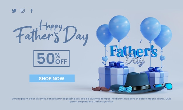 PSD happy father's day banner sale discount with 3d illustration