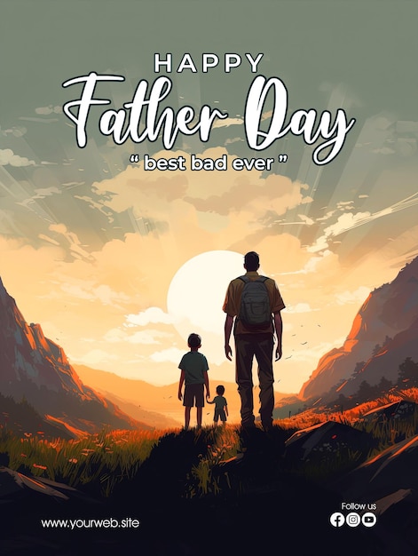 PSD happy father's day poster with a background of father and son looking at a very beautiful sky
