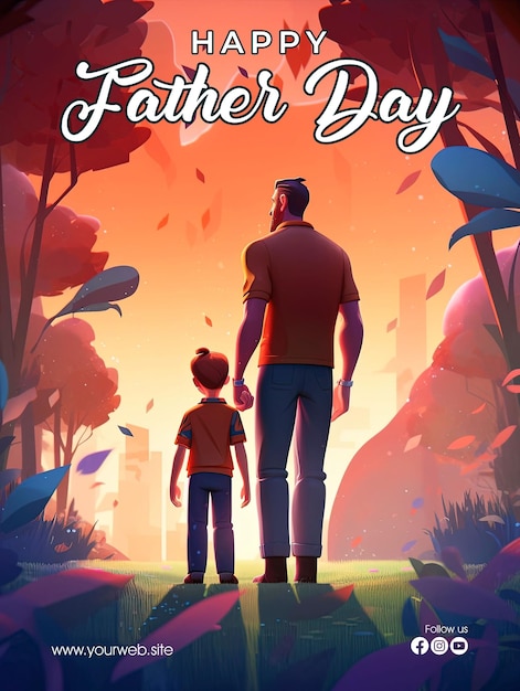 PSD happy father's day poster with a background of father and son looking at a very beautiful sky