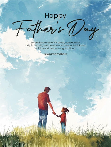 PSD happy fathers day poster template with a father and son illustration background