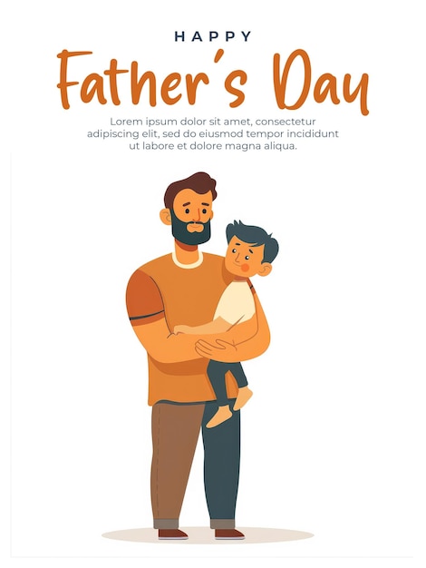 PSD happy fathers day poster template with flat vector illustration father and son holding