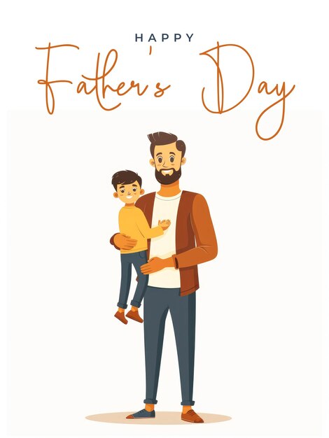 PSD happy fathers day poster template with flat vector illustration father and son holding