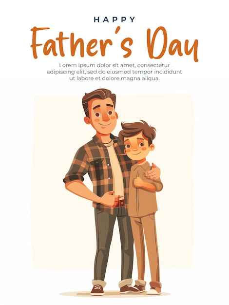 Happy fathers day poster template with flat vector illustration father and son holding