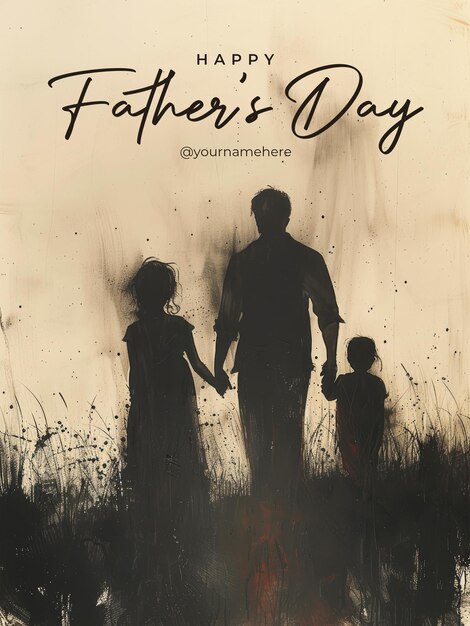 PSD happy fathers day poster template with silhouette of a father and two children a boy and a girl