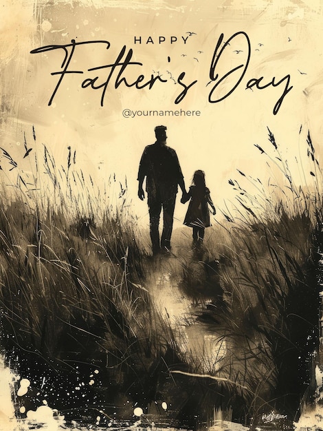 PSD happy fathers day poster template with silhouette of a father and two children a boy and a girl