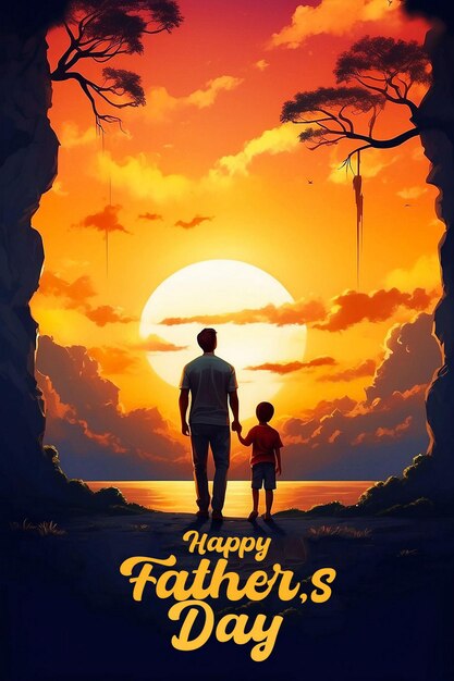 PSD happy fathers day poster with a background of father and son looking at a very beautiful sky