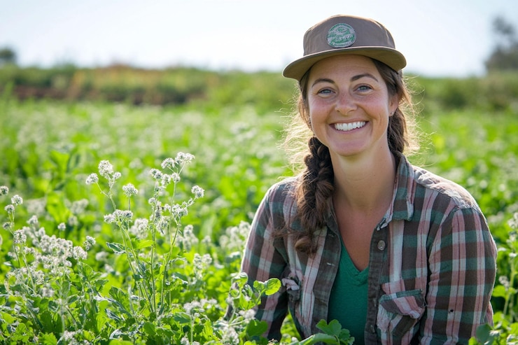 PSD happy female farmer smiling in a green field
