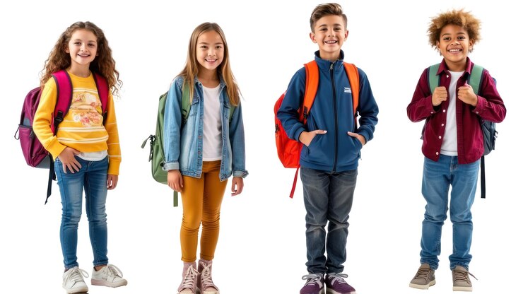 PSD happy four student kids ready for back to school transparent background