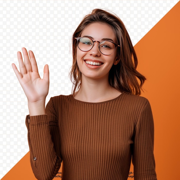 PSD happy friendly girl glasses wearing brown top waves palm in hello expresses positive emotions isolated on orange isolated background studio shot