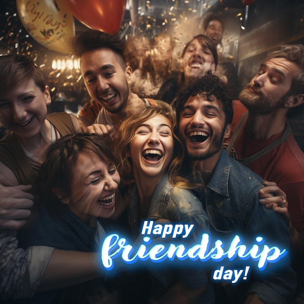 PSD happy friendship day greeting card with group of young friends hugging and laughing