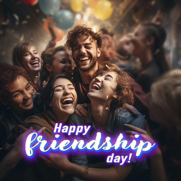 PSD happy friendship day greeting card with group of young friends hugging and laughing