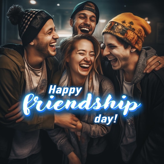 Happy friendship day greeting card with group of young friends hugging and laughing