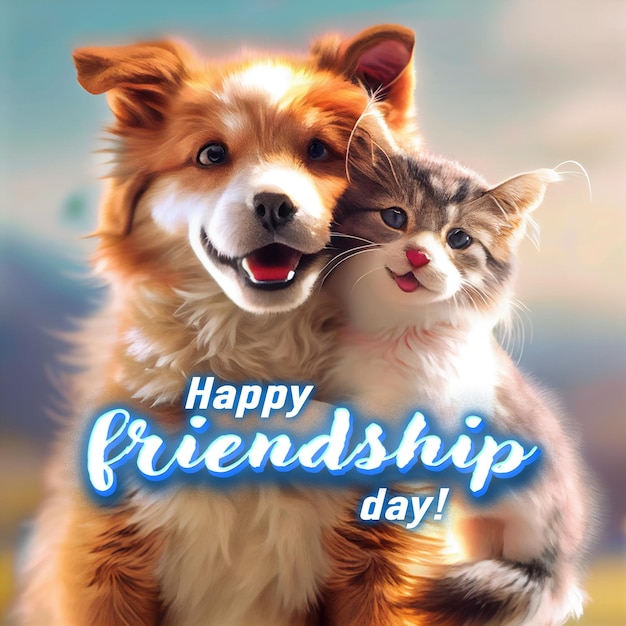 Счастливый день дружбы Счастливые друзья собаки и кошки обнимаются