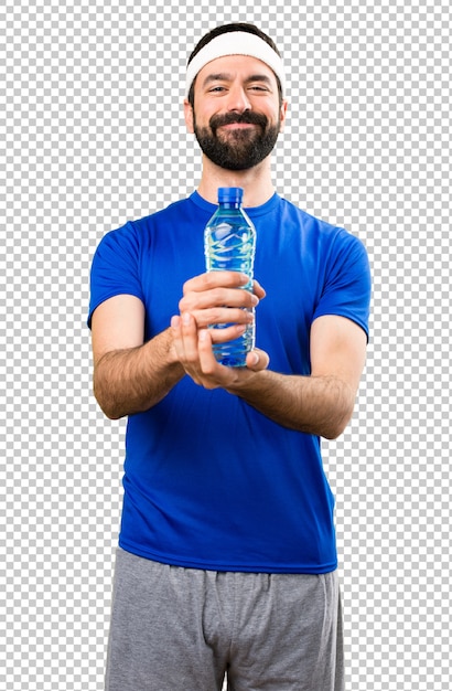 happy funny sportsman with a bottle of water