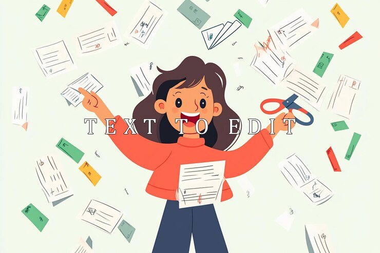 PSD happy girl amidst falling papers celebrating accomplishment
