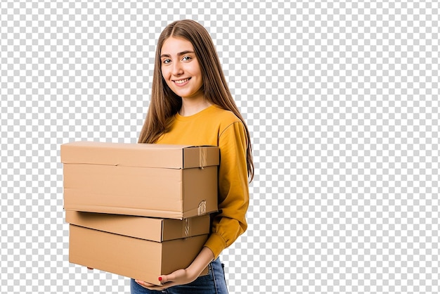 PSD happy girl holding cardboard boxes on white isolated background