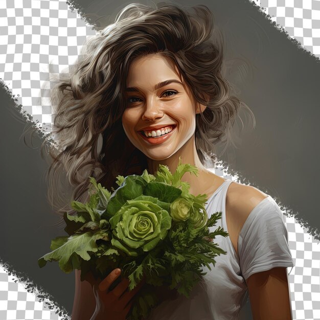 PSD happy girl holding a salad on a transparent background