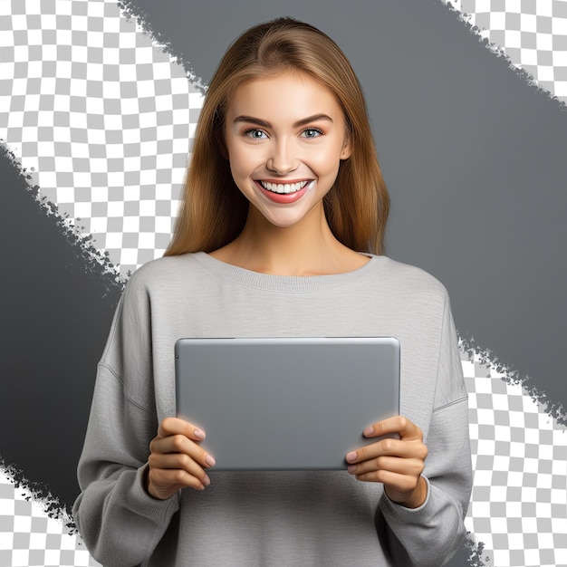 PSD happy girl holding tablet with smile transparent background