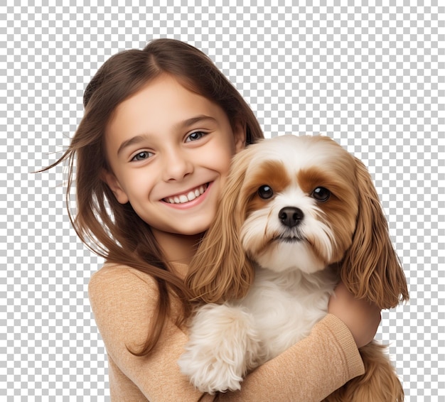 PSD happy girl kid with pet dog isolated on transparent background