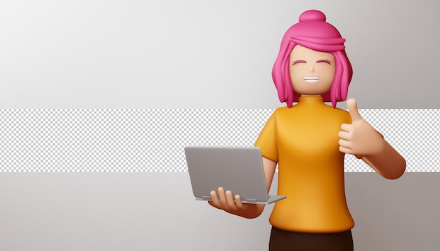 Happy girl thumbs up with notebook 3d rendering