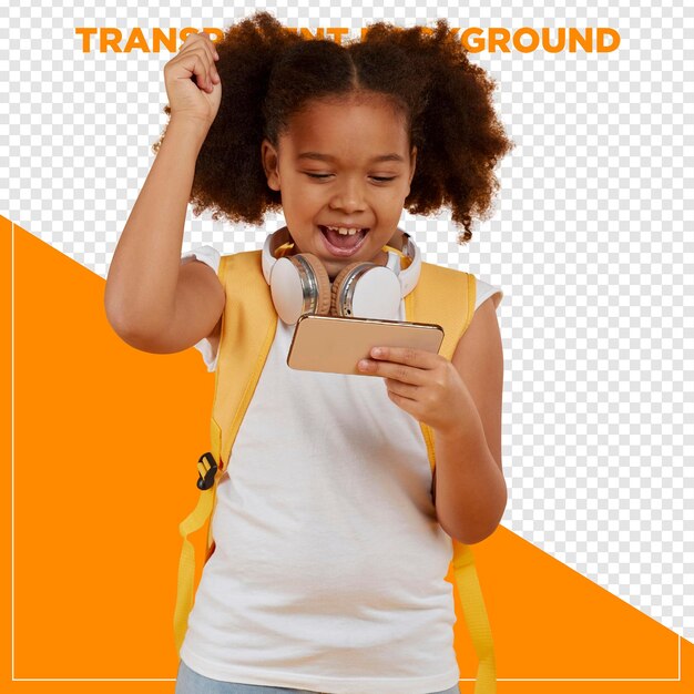 happy girl with cellphone celebrating with transparent background