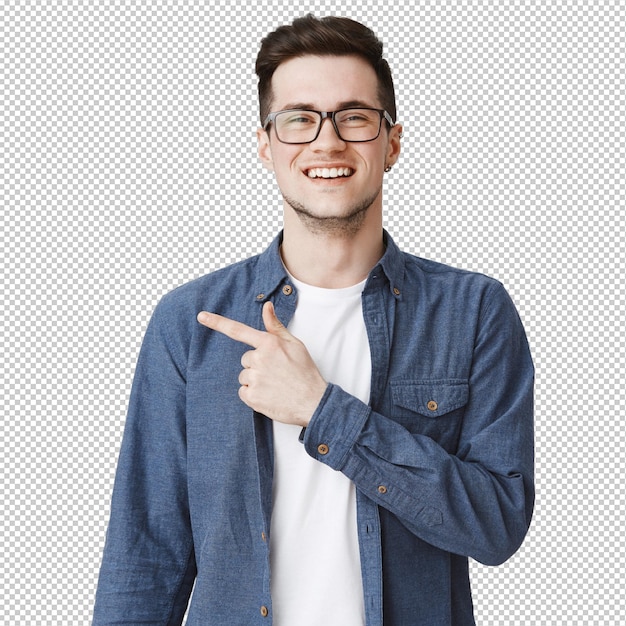 左指を指しているメガネをかぶった幸せな麗な男