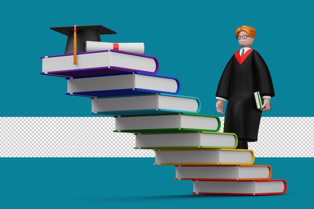 PSD happy graduated man with diploma and colorful book 3d rendering