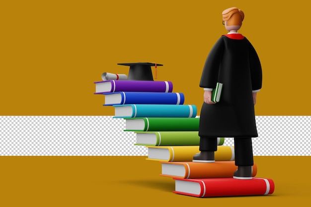 Felice uomo laureato con diploma e libro colorato rendering 3d