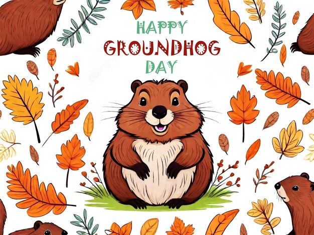 Happy groundhog day hand drawn lettering text with cute groundhog