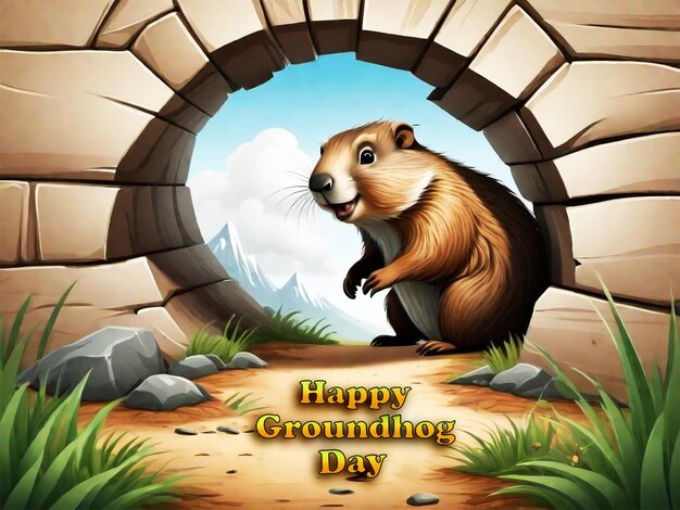 PSD happy groundhog day inscription on card with cute brown marmot waking up and coming out from its hol