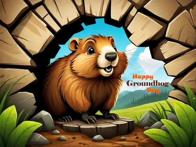 Happy groundhog day inscription on card with cute brown marmot waking up and coming out from its hol