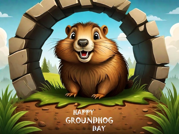 PSD happy groundhog day inscription on card with cute brown marmot waking up and coming out from its hol