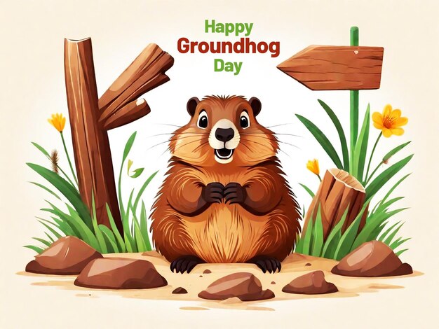 Happy groundhog day inscription on card with cute brown marmot waking up and coming out from its hol