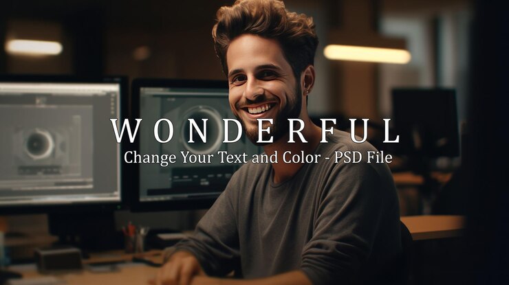 PSD happy guy looking at you while sitting