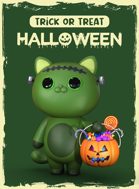 PSD felice halloween 3d rendering illustrazione del gatto