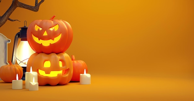 Happy Halloween-achtergrond met pompoenen en kopieerruimte in realistische 3D-weergave