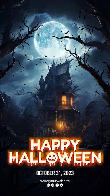 PSD happy halloween background and halloween poster halloween house in deep jungle