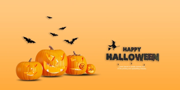 Happy halloween background template in the bright yellow with pumpkins