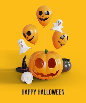 Felice sfondo di halloween con palloncino di zucca 3d e fantasma
