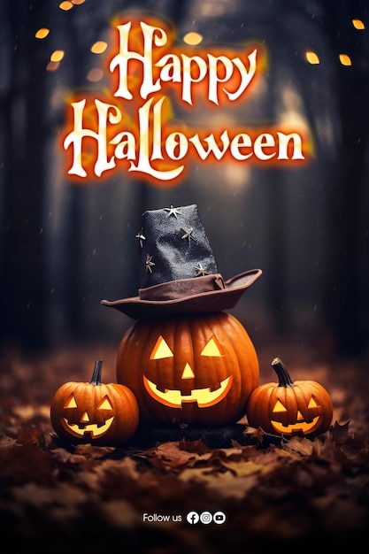 Happy halloween background with a picture of a pumpkin ghost wearing a magic hat