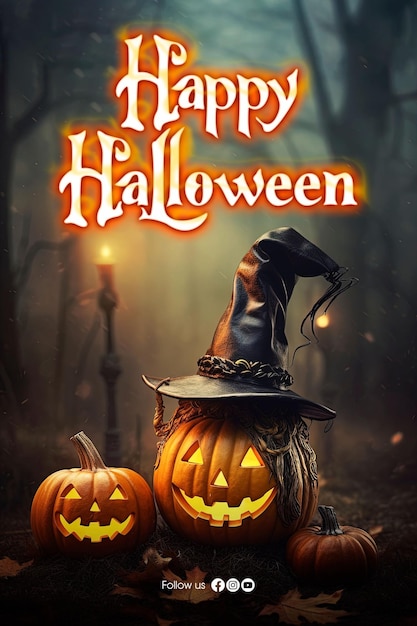 PSD happy halloween background with a picture of a pumpkin ghost wearing a magic hat