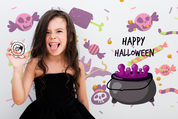 PSD happy halloween cute girl and animated melting pot