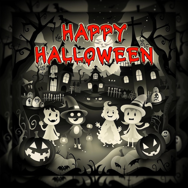 PSD happy halloween day halloween sale with pumpkin and house trick or treat halloween party spooky