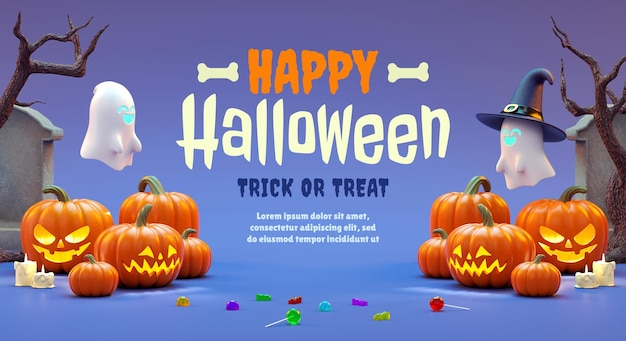 Счастливая фоновая сцена флаера на хэллоуин с вещами и надписями на 3d-иллюстрации