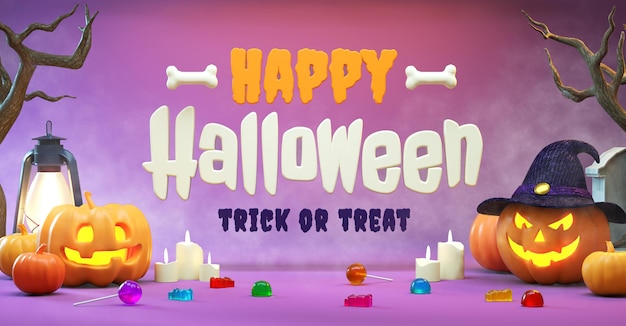 Happy Halloween flyer background scene with stuff and lettering in realistic 3D rendering