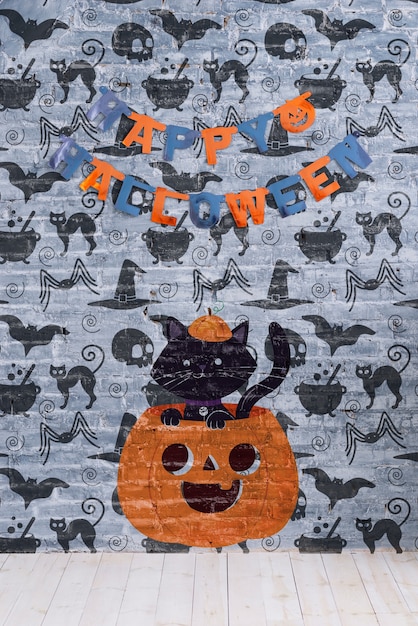 PSD happy halloween гирлянды и тыквы с кошкой на нем