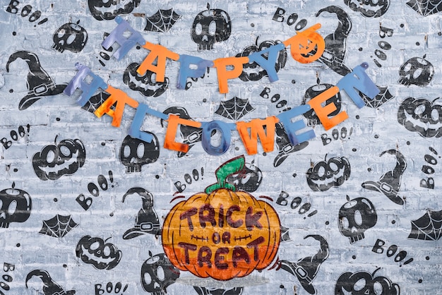 PSD happy halloween garland and pumpkin with trick or treat lettering