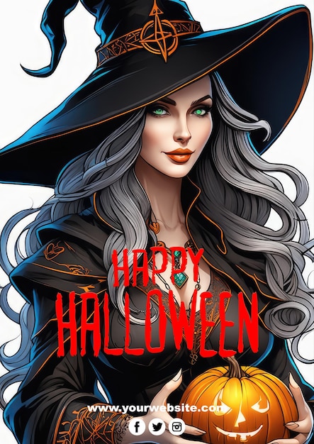 PSD happy halloween-poster met een heks in een hoed bewerkbare psd voor je poster