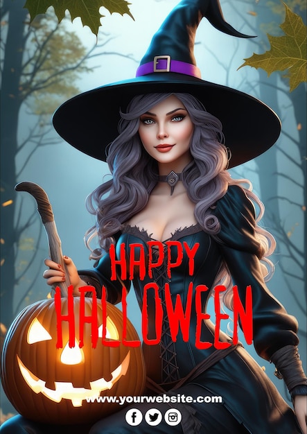 PSD happy halloween-poster met een heks in een hoed bewerkbare psd voor je poster