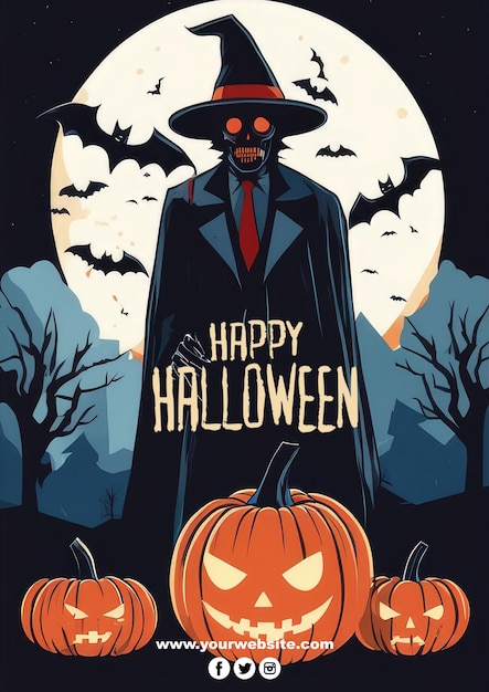 Felice poster di halloween di un misterioso sconosciuto con pipistrelli psd modificabile per il tuo poster